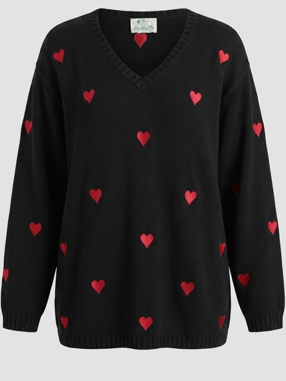 THE QUACKER FACTORY SZ L BLACK KNIT V NECK-EMBROIDERED HEARTS GIRLHOOD HOLIDAY
